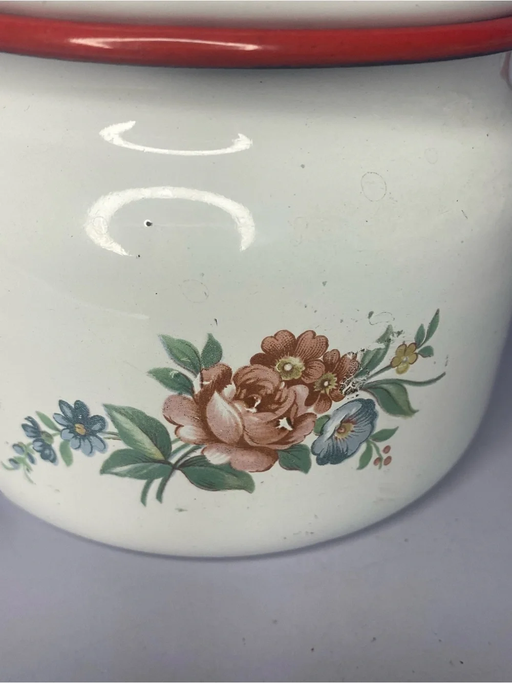 Vintage Cinsa Saltillo Mexico Enamelware White/Red Sugar Pot Floral Design